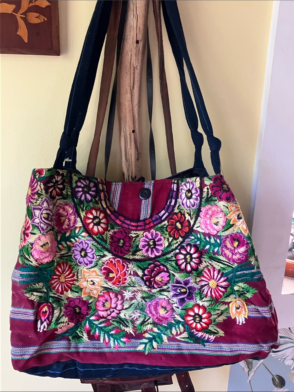 Hand-Embroidered Floral Shoulder Bag - Pink & Green